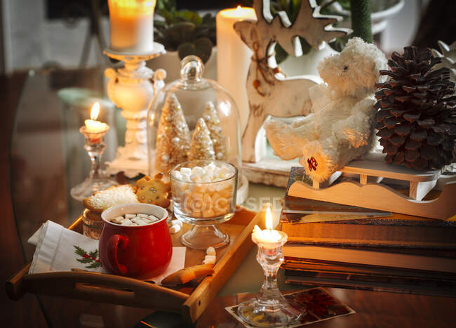 Cioccolata calda con marshmallow e biscotti a Natale — Foto stock