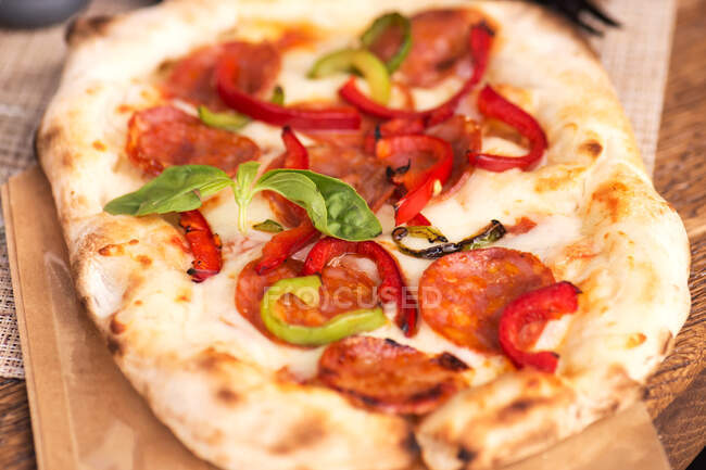 Pizza com pepperoni, pimentas vermelhas e verdes e manjericão — Fotografia de Stock