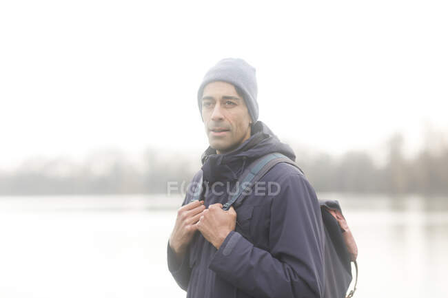 Portrait of a man carrying a backpack, Germany — Stock Photo