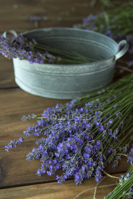 Fresh lavender on a wooden table — Stock Photo