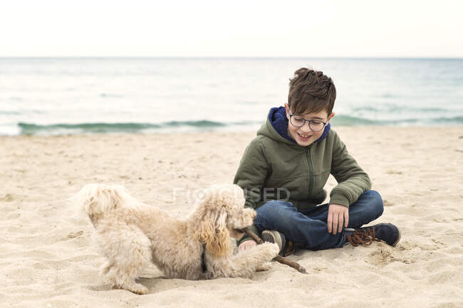 Menino segurando um pau brincando com seu cão na praia, Bulgária — Fotografia de Stock