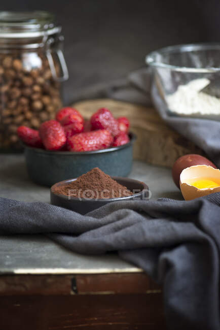 Ingredients for chocolate strawberry cake — Stock Photo