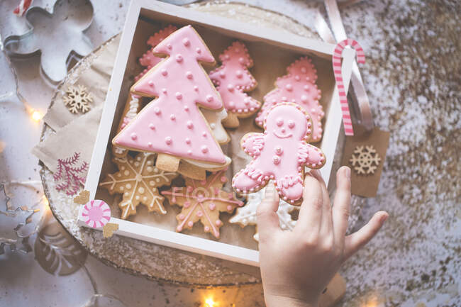Chico apilando galletas de Navidad hechas en casa en una caja de regalo - foto de stock