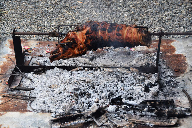 Spit roast pork roasting over a fire — Stock Photo