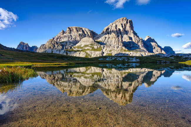 Monte Paterno reflection in Lago dei Piani, Tre Cime Natural Park, Dolomites, Italy — стокове фото