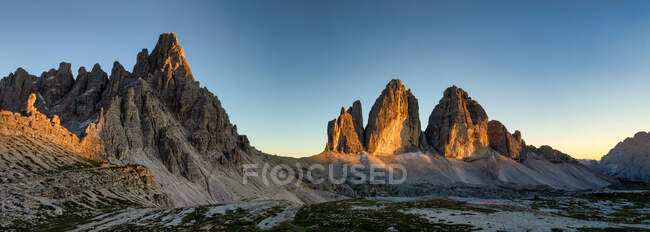 Monte Paterno and Tre Cime di Lavarado at sunset, Dolomites, South Tyrol, Italy — Stock Photo