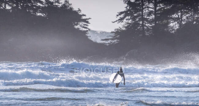 Silueta de un Surfista Caminando en el surf, Pacific Rim National Park, Columbia Británica, Canadá - foto de stock