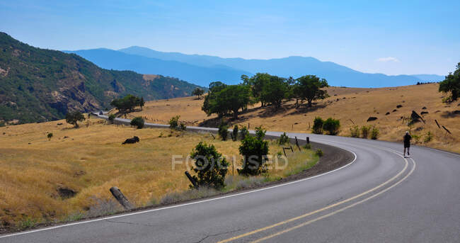 Rear view of a man running down the middle of a road, Oregon, USA — Stock Photo