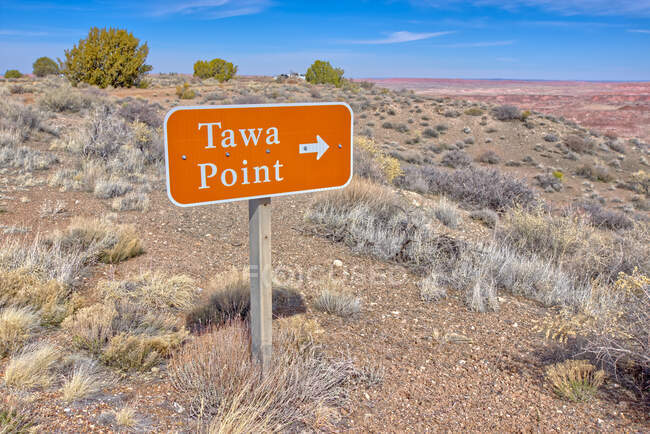 Segnaletica che indica Tawa Point, Petrified Forest National Park, Arizona, USA — Foto stock