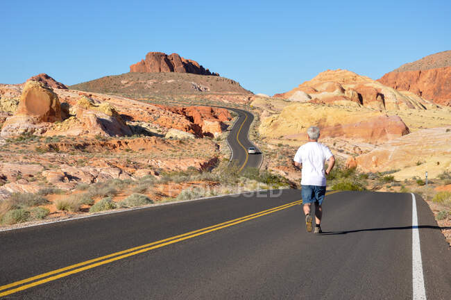Hombre corriendo por el desierto, Valley of Fire State Park, Nevada, EE.UU. - foto de stock