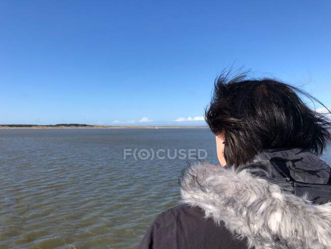 Позаду жінка на поромі, яка дивиться на прибережний пейзаж, Фаной, Ютландія, Данія. — стокове фото