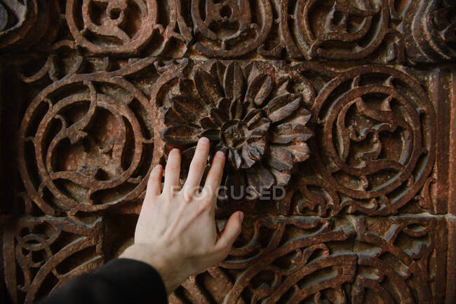 Man's hand touching an ornate door, Red Fort, Delhi, India — Stock Photo