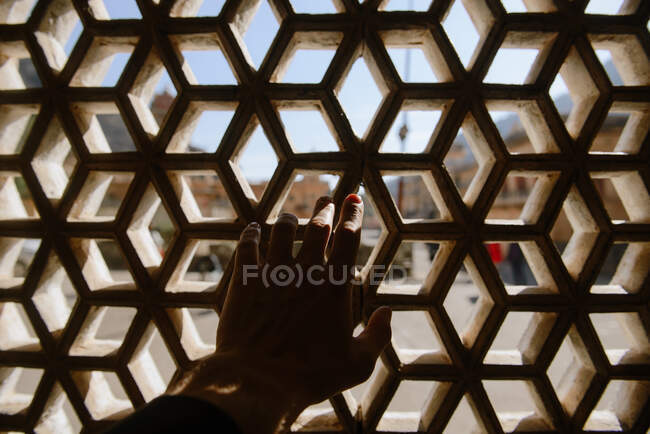 La mano del hombre tocando una pared ornamentada, Fuerte Rojo, Delhi, India - foto de stock