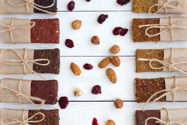 Rows of Home made healthy protein bars on a table — Stock Photo