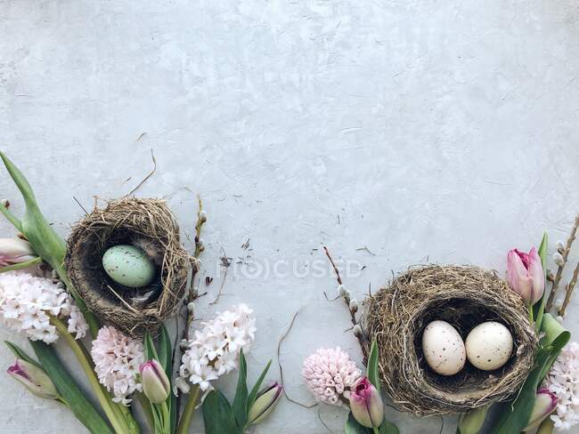 Easter eggs in nests with flowers — Stock Photo