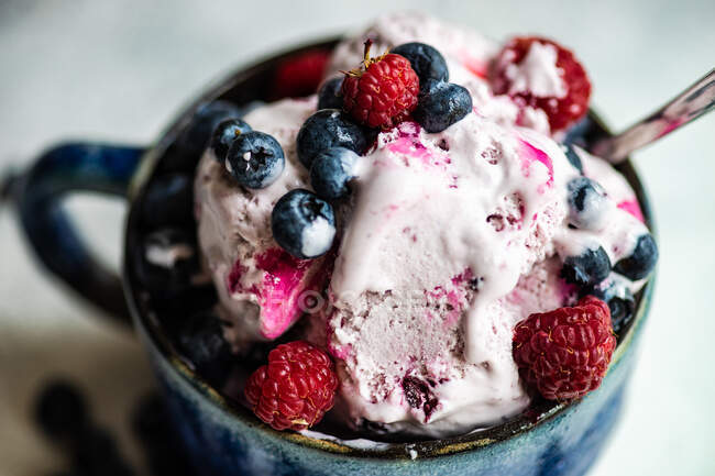 Dessert de crème glacée d'été aux fruits avec des baies de myrtille fraîches biologiques servies dans un bol sur fond de pierre avec espace de copie — Photo de stock