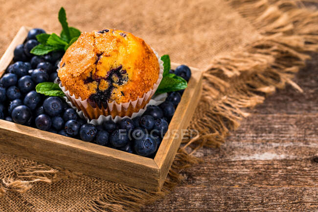 Hausgemachte Blaubeer-Muffins mit Blaubeeren und Minze auf Holzgrund — Stockfoto