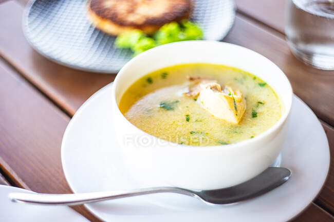 Суп з куркою та овочами на білій тарілці — стокове фото