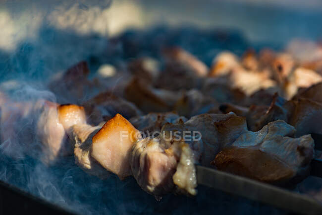 Cottura di shashlik di carne di maiale su una mangal — Foto stock