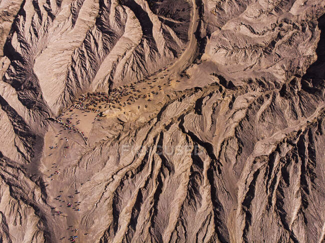 Вид с воздуха на туристов и лошадей, Национальный парк Маунт Бромо Тенггер Семеру, Восточная Ява, Индонезия — стоковое фото