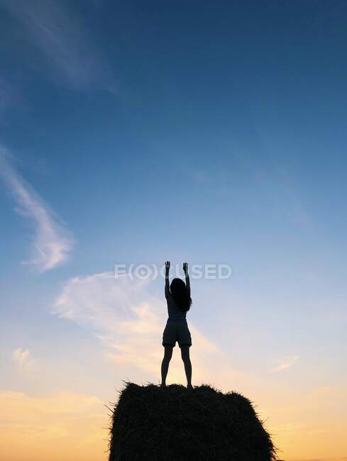 Силует жінки, що стоїть на сіно - буйлі з руками в повітрі, Білорусь. — стокове фото