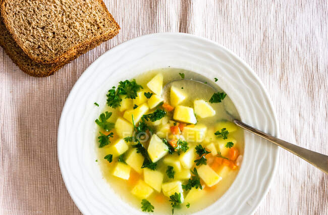 Schüssel Hühner- und Gemüsesuppe mit braunen Brotscheiben — Stockfoto