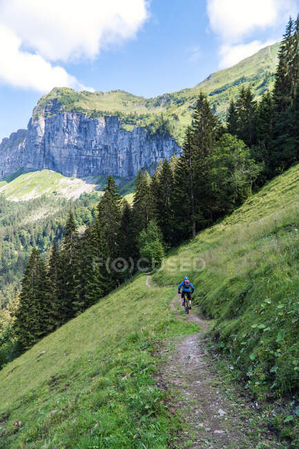 Vista trasera del hombre montando una bicicleta de montaña a lo largo de un sendero en los Alpes suizos, Suiza - foto de stock