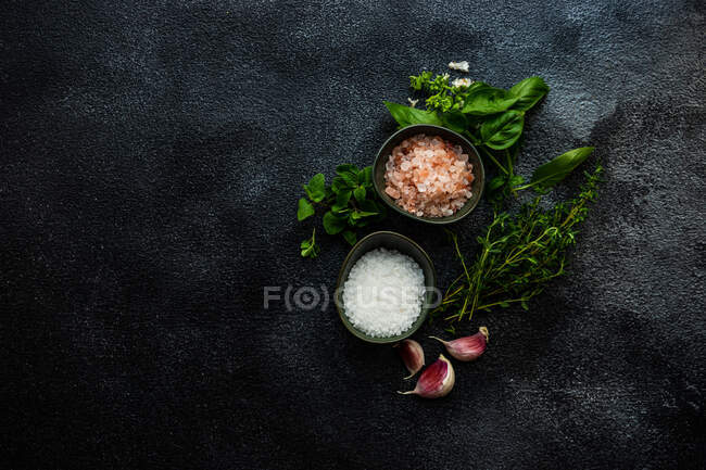 Thyme, basil, oregano, garlic and salt on a stone background — Stock Photo