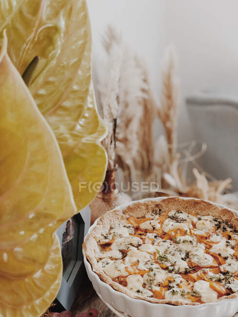 Pumpkin and blue cheese tart next to a tropical flower — Stock Photo