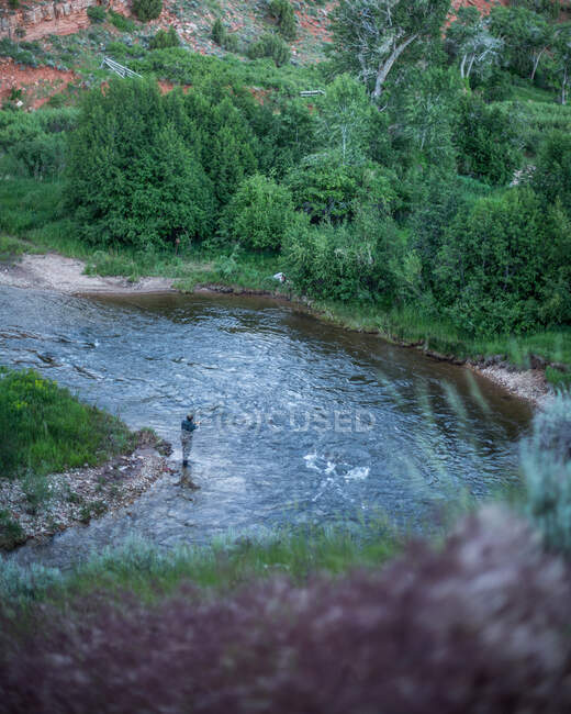 Vista aérea de un pescador de la mosca que pesca en un río, Wyoming, Estados Unidos - foto de stock