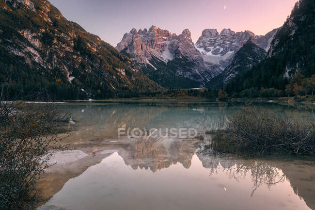 Lago di Landro at dusk, South Tyrol, Italy — Stock Photo