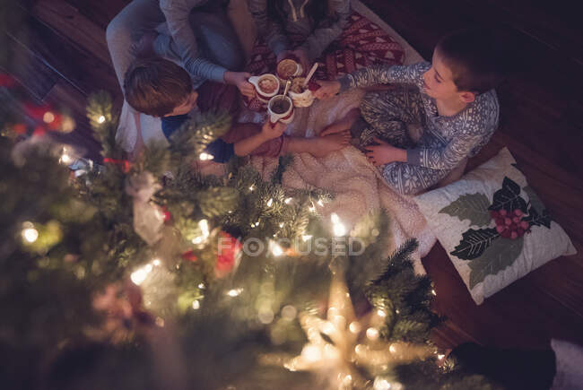 Cuatro niños sentados junto a un árbol de Navidad bebiendo chocolate caliente con malvaviscos - foto de stock