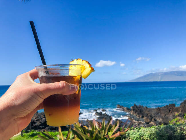 Donna che tiene un cocktail di fronte a un paesaggio rurale, Maui, Hawaii, Stati Uniti — Foto stock