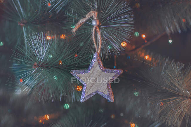 Close-up de uma estrela de Natal pendurada em uma árvore de Natal — Fotografia de Stock