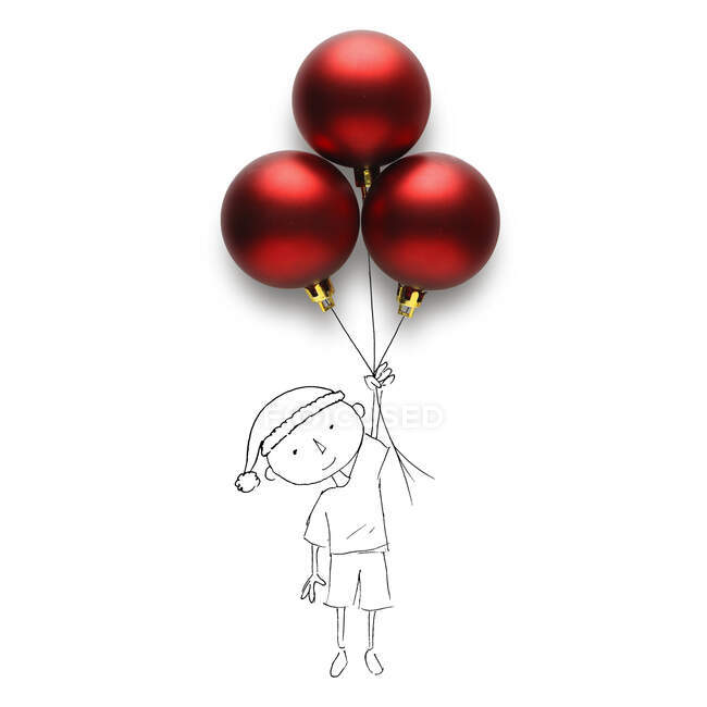 Konzeptioneller Junge mit Weihnachtsmütze, der ein Bündel Luftballons hält — Stockfoto