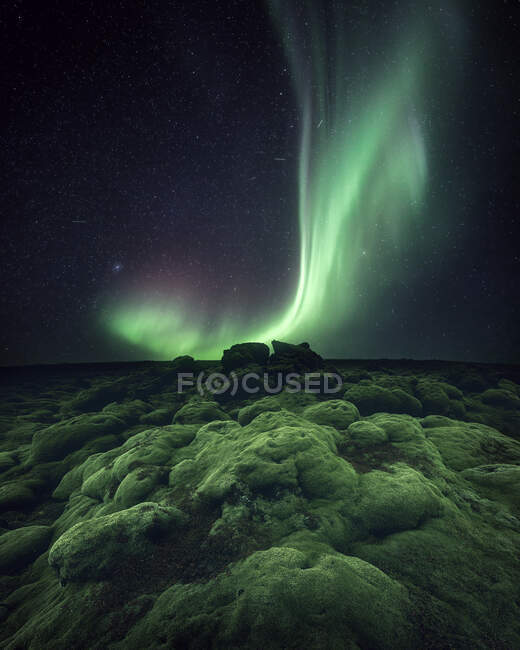Luzes do norte sobre um musgo coberto planície da Lava, Islândia — Fotografia de Stock