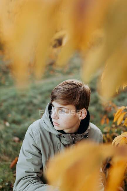 Portrait of a boy sitting in a garden, Netherlands — Stock Photo