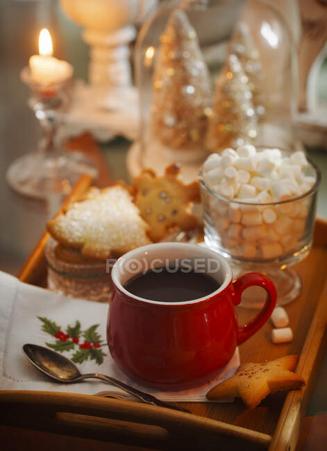 Chocolate quente com marshmallow e biscoitos no Natal — Fotografia de Stock