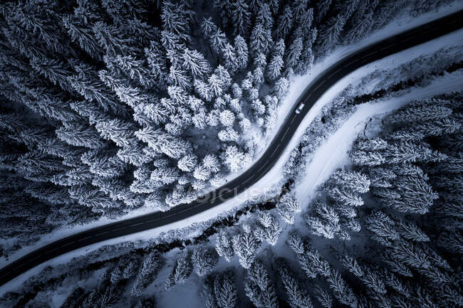 Luftaufnahme eines Autos, das im Winter durch eine alpine Forststraße fährt, Salzburg, Österreich — Stockfoto