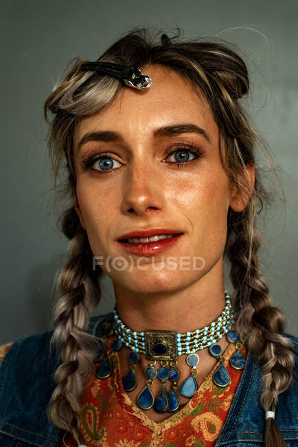 Portrait of a beautiful bohemian woman — Mid Length Hair, indoor ...