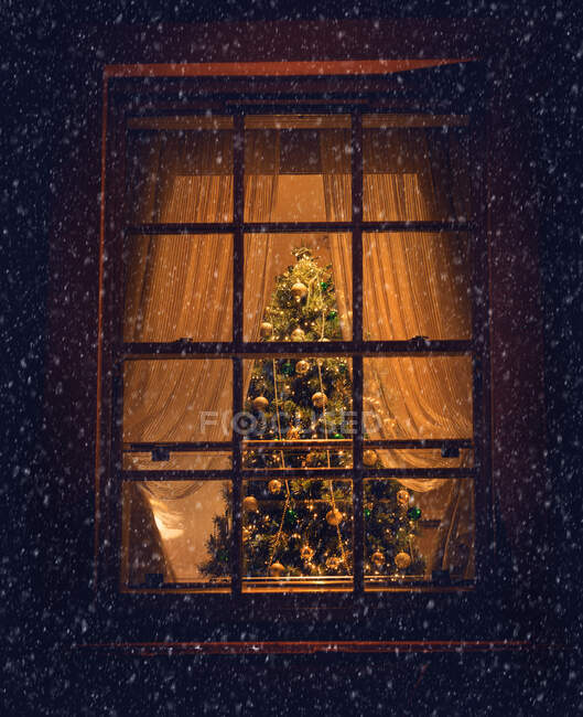 Vista de uma árvore de Natal através de uma janela da sala de estar — Fotografia de Stock