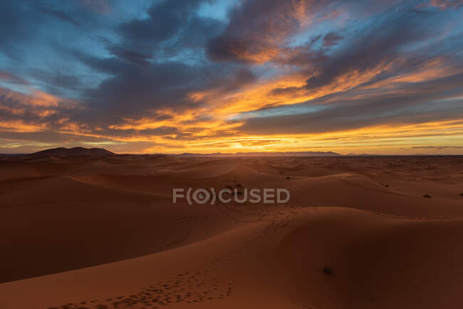 Піщані дюни пустелі Сахара на заході сонця (Марокко). — стокове фото