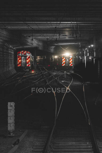 Two trains on elevated tracks, Chicago, Illinois, United States — Stock Photo