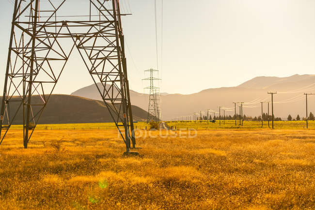 Piloni elettrici in campagna, Isola del Sud, Nuova Zelanda — Foto stock