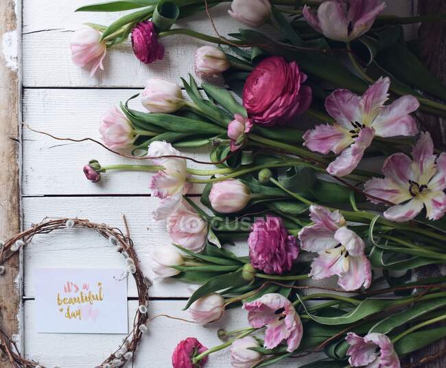 Рожеві тюльпани і рунункулуси і листівка з текстом це прекрасний день — стокове фото