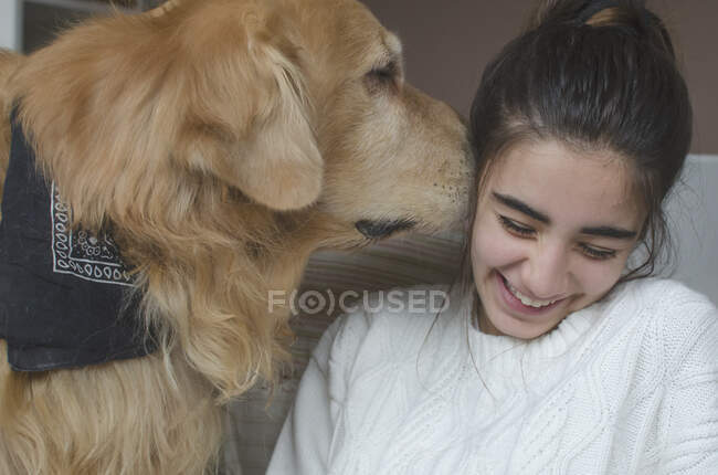 Golden retriever dog nuzzling a teenage girl's ear — Stock Photo