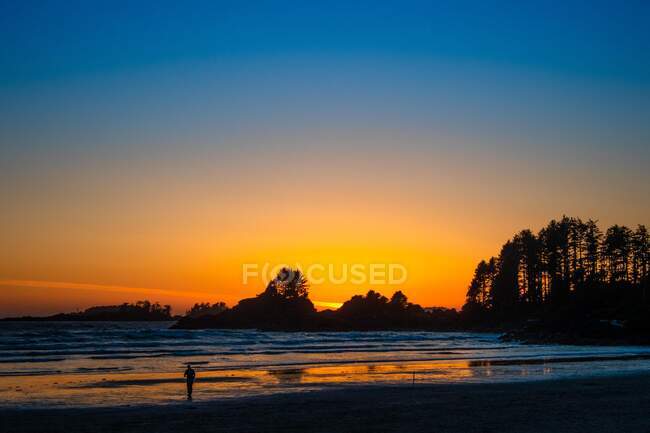 Uomo in piedi sulla spiaggia al tramonto, Tofino, Vancouver, British Columbia, Canada — Foto stock
