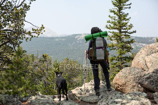 Woman and her dog hiking in mountains, Wyoming, Estados Unidos - foto de stock