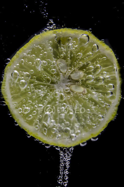 Gros plan d'une tranche de citron dans de l'eau gazeuse — Photo de stock