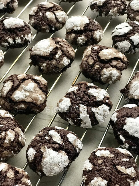 Biscuits au chocolat sur un support de refroidissement en métal — Photo de stock